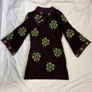 Vintage Y2K Lucky Brand Embroidered Floral Sweater Bell Sleeves Frog Closure S